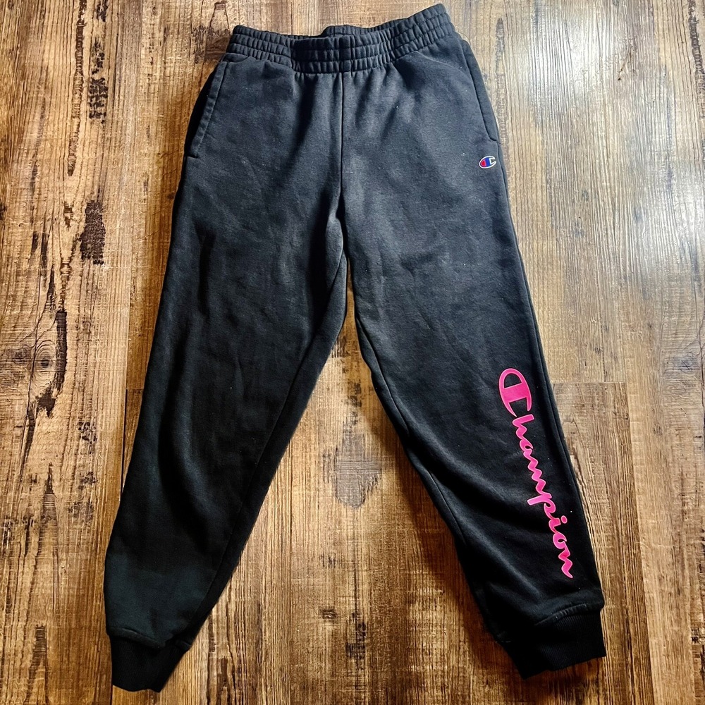 2Pc Champion Authentic Jogger Sweatpants Blk Youth7/8  Embroidered Logo Hot-Pink